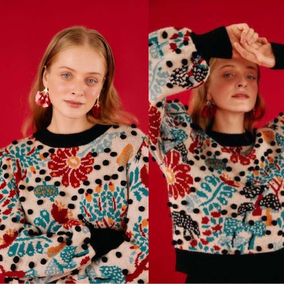 FARM Rio Sweaters - Farm Rio Mushroom Forest Puff-Sleeve Sweater